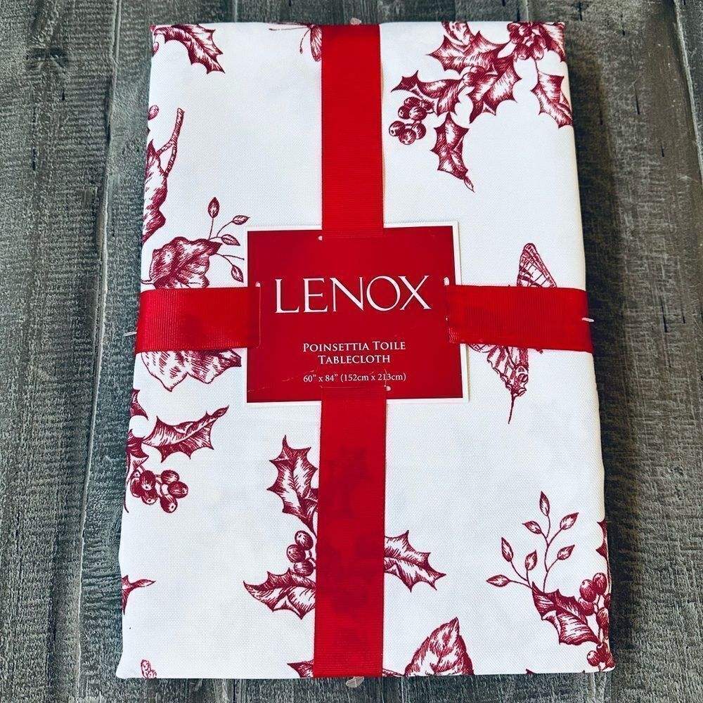 Lenox Poinsettia Toile Butterfly Floral Red Holiday Christmas Tablecloth